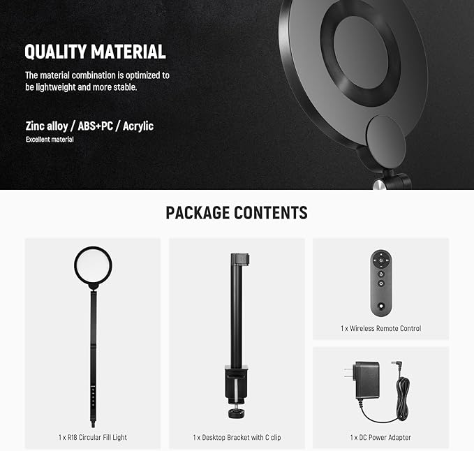 NEEWER Basics 18W 7" Desk Ring Light with Stand, Lighting for Video Conference Streaming Recording Makeup Phone Selfie Computer Laptop Zoom, Full Screen LED Circle Ringlight with Arm & C Clamp, R18