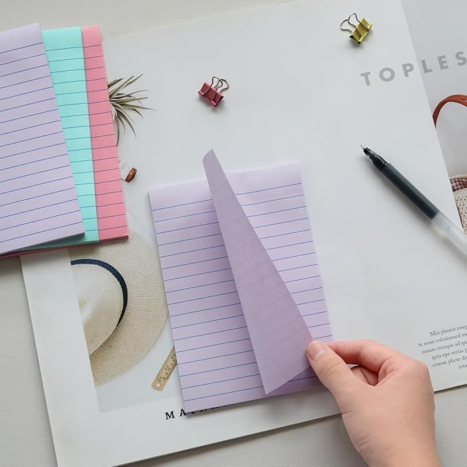 9 Pack Lined Sticky Notes 4X6 in Post Sticky Notes with Lines, Large Ruled Post Sticky Colorful Super Sticking Power Memo Pads Strong Adhesive (Orchid Frost, Pink, Blue)