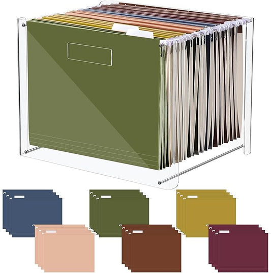 24 Hanging File Folder with Acrylic Organizer for Letter/a4 Size Desktop Clear File Storage Box with Handles for Home Work Office Use(Neutral,Classic)