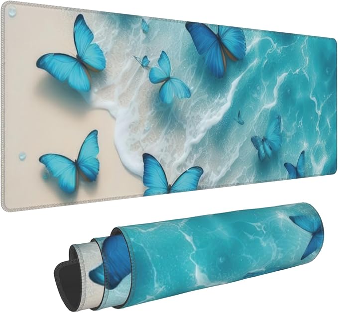 Blue Butterflies Beach Large Mouse Pad, Blue Gaming Desk Mat, XL Keyboard Desk Pad Mat for Desktop, 31.5"x11.8" Non-Slip Base Big Mousepad with Stitched Edges