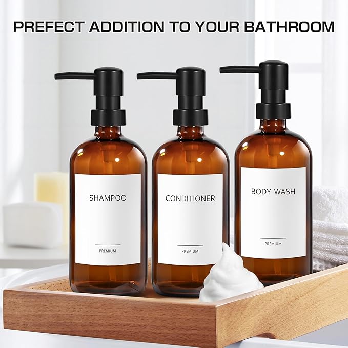 GMISUN Glass Shampoo and Conditioner Dispenser, Shower Soap Dispenser Bottles with Labels, Refillable Shampoo Conditioner Body Wash Dispensers, Amber Glass Soap Pump Dispenser Set for Bathroom Shower