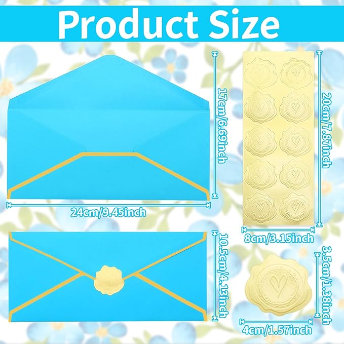 Business Envelopes with Gold Border 30 Pack #10 Envelopes Made of 150gsm Paper, Standard Envelopes with Gold Stickers for Office, Checks, Letter Mailing,9.45 x 4.13 Inches(Lake blue)