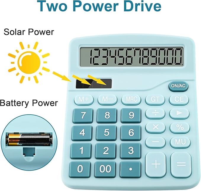 Office Desk Calculator with Solar Power, 12 Digits Large LED Display, Calculators Desktop with Big Buttons, Blue Office Home School Supplies (Blue)
