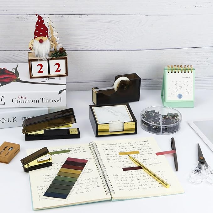 Black Acrylic Desk Accessories Organizer Set of Stapler, Staple Remover, Tape Dispenser, Memo Pad Holder, Scissor, Ballpoint Pen, Binder Clips, Sticky Notes Office Supplies (Acrylic Black)