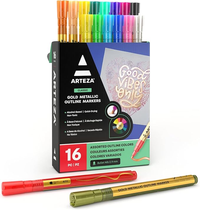 Arteza Double Outline Markers, 16 Colours, Gold Marker Pens, Create Metallic Lines with Vivid Colour Outlines, Work on Cards, Paper, and Canvas