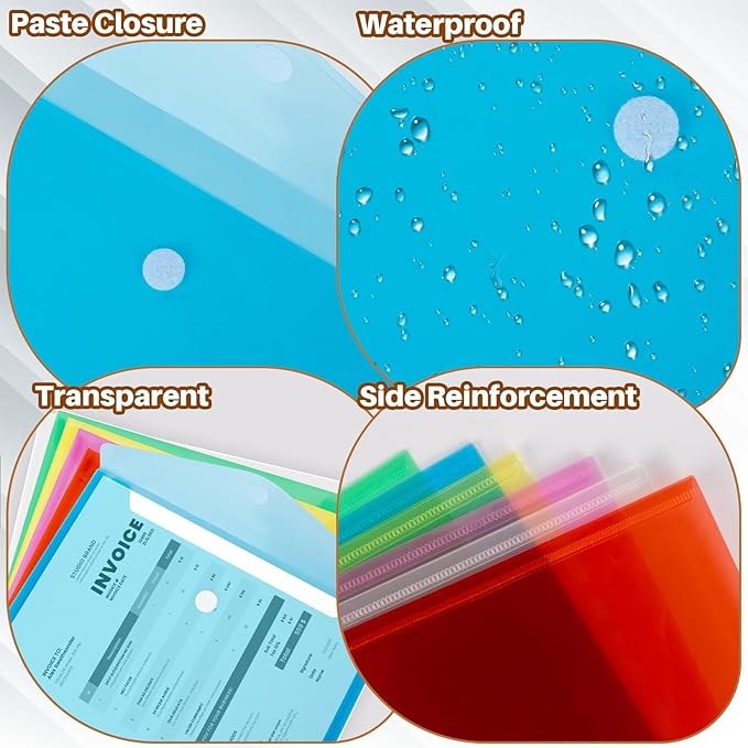 Clear Plastic Envelopes - 6 Pack Poly Plastic Envelope Folders with Closure A4 Letter Size Waterproof Reusable 6 Colors Ideal for School Office Home Documents Photo Puzzles Organization