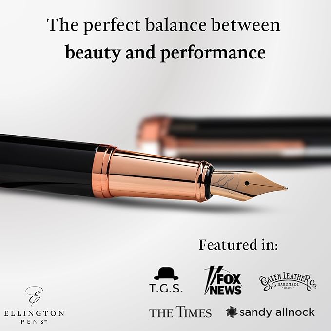 Ellington Pens Luxury Fountain Pen Set - Smooth Fine Nib- Includes 3 Ink Cartridges, Refillable Ink Converter, Gift Box- Fountain Pens For Writing, Calligraphy, Journaling, Sketching (Midnight Rose)