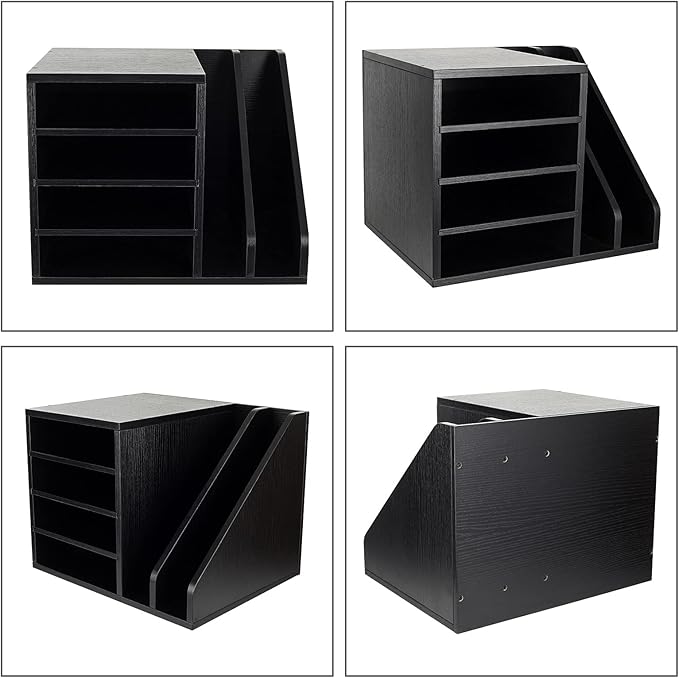 PAG Wood Desktop File Holder Organizer Mail Sorter for File Folders, Mails, Envelopes, Mailing Supplies or Magazines, Black
