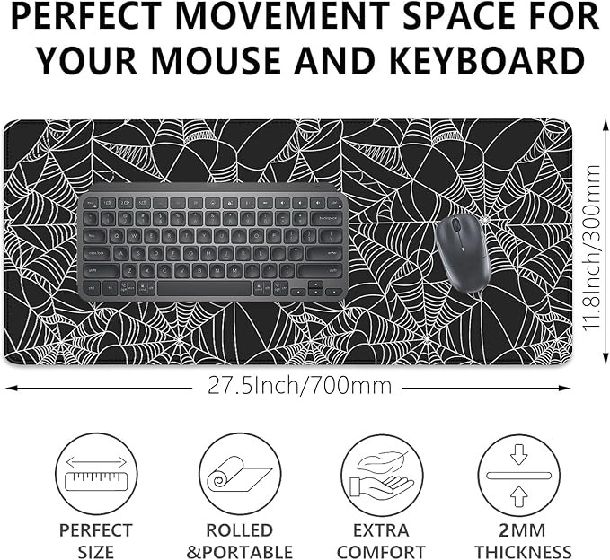 Black Spider Web Desk Pad Mouse Pad,Large Gaming Mouse Mat with Stitched Edges,Non-Slip Waterproof Rubber Base Mousepad for Office Work Home Desk Mat(27.5X11.8 in)