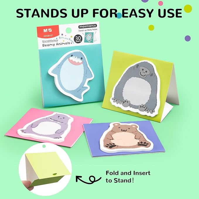M&G Beamy Animal Sticky Notes, 4 Pads 120 Sheets, 3 x 2 Inch Cute Cartoon Memo Pads, Foldable Stand Self-Stick Notes for School Office Home