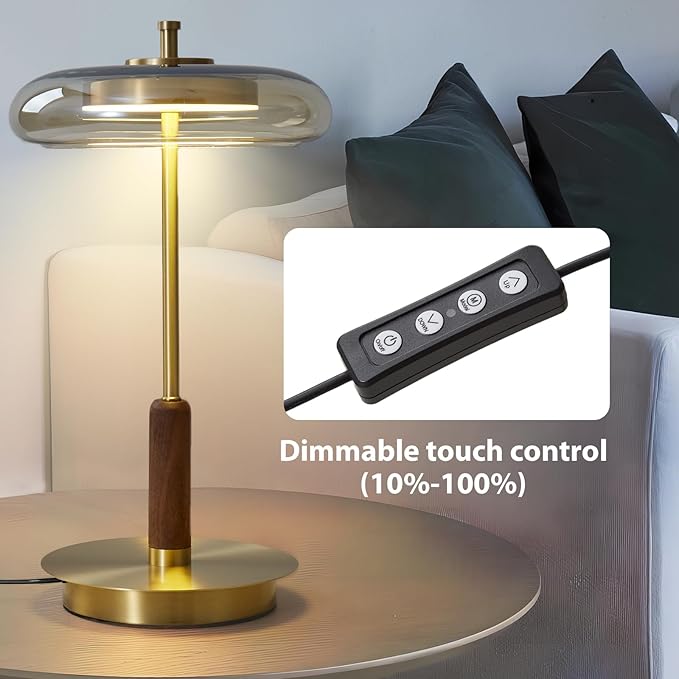 Small Table Lamp for Bedroom-Brass Base Mushroom Table Lamps,Amber Glass Shade,LED Three Color Temperature Adjustable Brightness Modern LED Side Table and Desk Lighting(H 15.4 in)