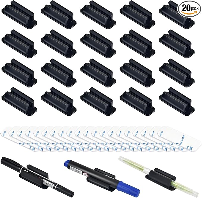 20 Pack Pen Holder Silicone,Adhesive Pen Holder for Desk,Marker Clip for Classroom Office Desk Accessories, Pencil Holder with 20 Double Sided Extra Sticky Tape (Black)