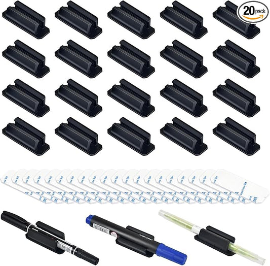 20 Pack Pen Holder Silicone,Adhesive Pen Holder for Desk,Marker Clip for Classroom Office Desk Accessories, Pencil Holder with 20 Double Sided Extra Sticky Tape (Black)