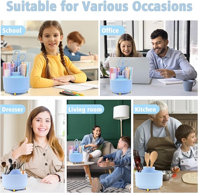 Blue Desk Accessories, Rotating Pen Holder Set,Blue Office Supplies with Stapler and Tape Dispenser Set, Gifts for Office Clerks,Student