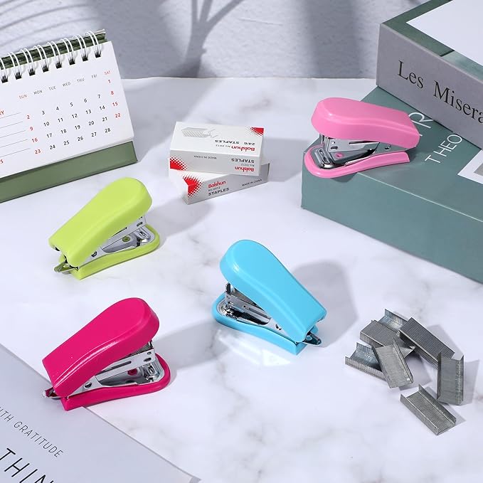 12 Pcs Mini Stapler with 12 Boxes Staple, Includes Built in Staple Remover, Desk Little Stapler for School Office Supplies (Blue, Green, Pink, Rose)
