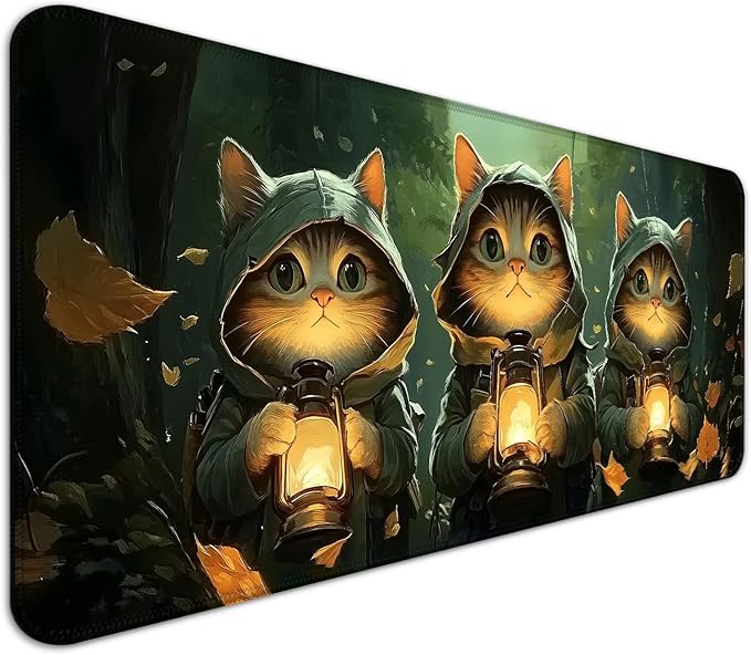 Anime Cat in Green Forest Adventure Gaming Desk Mat, Extended Large Fantasy Kawaii Cute Aesthetic Mouse Pad, Computer Keyboard Laptop Mousepad for Work, Office and Home, XL