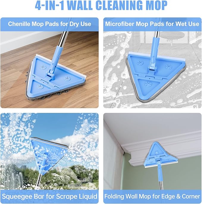 CALBEAU Wall Cleaner Mop with Long Handle 86 Inches, 4-in-1 Ceiling Cleaning Tool Duster with 8 Replacement Microfiber Chenille Pads for Walls, Baseboard, Ceiling, Window, Floor, Cabinet (Light Blue)