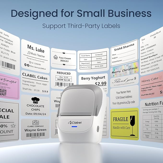 CLABEL Thermal Label Maker Machine: 221B Mini Sticker Printer Barcode Printer Inkless Label Printer Compatible with Clothing Price Labeling with 1 Roll of 50x30mm Label(Gray White)