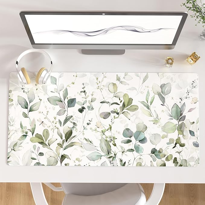 QIYI Large Mouse Pad, Extended Desk Mat for Desktop, PU Leather Waterproof Gaming Mousepad, Computer Desk Accessories Protector Writing Pads for School Office Home 31.5" x 15.7" - Soft Green Foliage