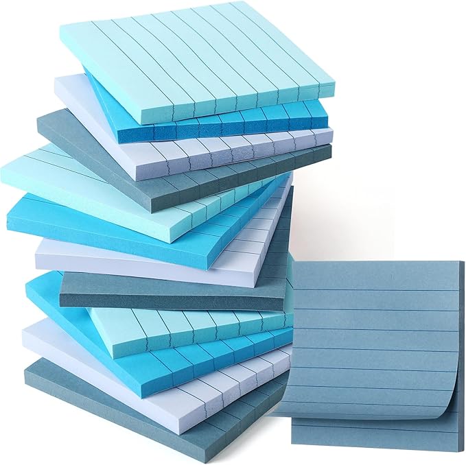 12 Pack Blue Lined Sticky Notes 3x3 inch Post Ruled Stickies Super Self Stick Power Memo Pads Multi Colors Notes Pads Vintage Aesthetic School Office Supplies Accessories