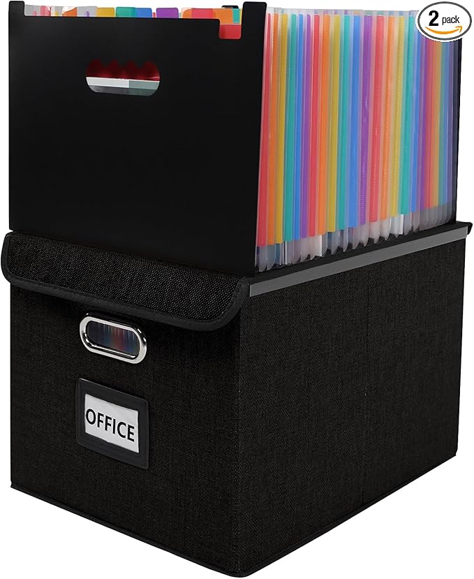 File Organizer Box with Folder, 25 Pockets Accordion File Organizer with Colored Labels, Upgraded & Portable File Folders for Home, Office, School, Black