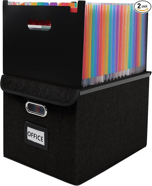 File Organizer Box with Folder, 25 Pockets Accordion File Organizer with Colored Labels, Upgraded & Portable File Folders for Home, Office, School, Black