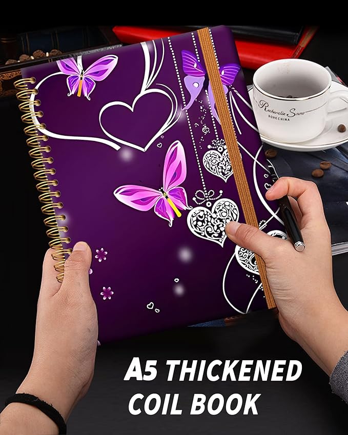 Ruled Spiral Writing Notebook,A5 Hardcover Lined College Journal for Women,Strong Twin-Wire Binding with Premium Paper,8.4" X 6",Perfect for School,Office,Home(Purple Heart Butterfly)
