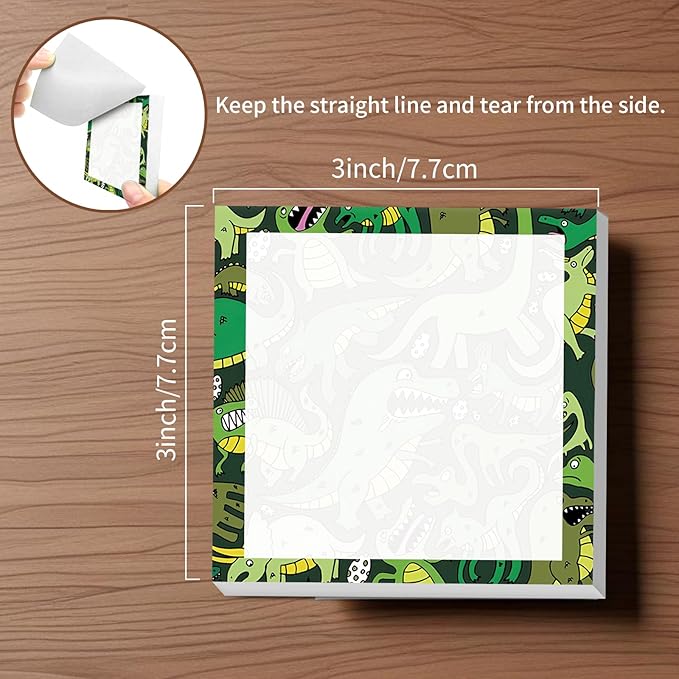 Sticky Notes, 2 Pads, 3x3 inches, Cute Colorful Fun Self-Stick Note Pads, Easy Post, Strong Adhesive Notepad Green Dino Pattern