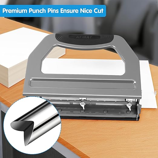 AFMAT HP18 Heavy Duty 3 Hole Punch, 50-Sheet Hole Puncher 3 Ring, 50% Reduced Effort, Adjustable Two & Three Hole Punch, Metal Paper Puncher w/Large Chip Tray, Metal Paper Guide, Gray