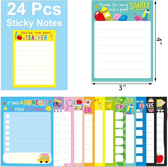 24 Pcs Teacher Appreciation Notepad Sets Memo Notepads Cute Sticky Notes School Appreciation Gift