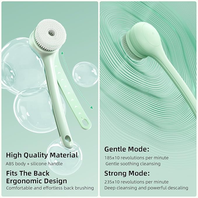 Oh,XIYU. Electric Body Brush Back Scrubber for Shower, Waterproof Long Dual Handle Power Body Scrubber with 3 Heads, Rechargeable Bath Brush & 2 Speeds, for Cleansing, Exfoliating and Massaging Skin