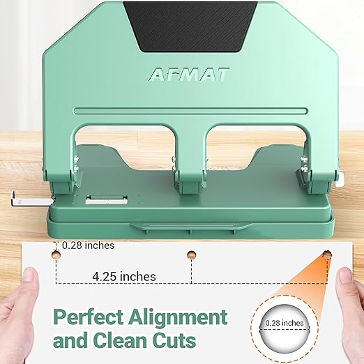 AFMAT HPX3 Heavy Duty 3 Hole Punch, 40-Sheet 3 Hole Puncher for Binder, Metal Three Hole Punch w/ 10,000+ Uses, 50% Reduced Effort, Bulit-in S.S. Paper Guide, Large Chip Tray, Green
