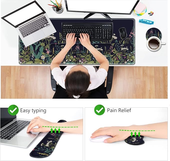 AIMSA Large Gaming Mouse Pad Set, Keyboard Wrist Rest Support + Extended Mouse Pad + Mouse Wrist Cushion + Coaster, Ergonomic Multifunctional Desk Mat 35x15.7in Anti-Slip Rubber Base (Flowers Plants)