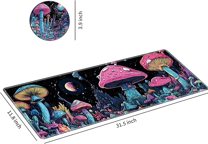 Desk Mat Large Gaming Mouse Pad (31.5x11.8 inch) with Stitched Edges, XL Mouse Pad +Coaster, Extended Mouse Mat Keybroad Mousepad Non-Slip Rubber for Gamer Men Women, Magic Mushrooms