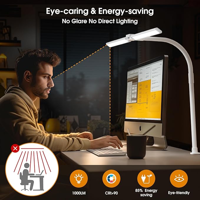 LED Desk Lamp for Home Office - Eye-Caring Computer Desk Light with Clamp, Adjustable Work Lamp with Color Changing, Dimmable Double Head Monitor Light with Gooseneck, White