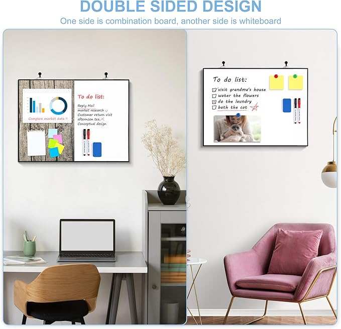 ARCOBIS Cork Board White Board Combo, 24"X18" Linen Bulletin Board Whiteboard for Wall, Double-Sided Magnetic Dry Erase Corkboard for Home, Office, School, Rustic Grey