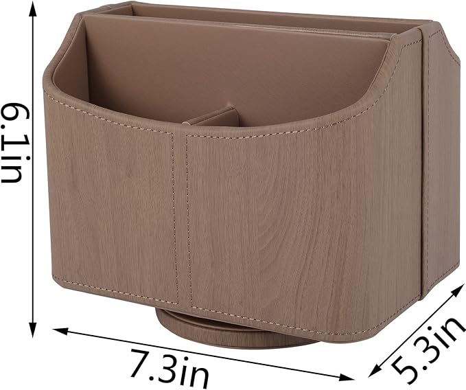 Leather Remote Control Holder/Caddy 360 Degree Rotating, Desk Organizer for TV Remote Controllers,Pen,Calculator,cell phone,gadget storage box,Nightstand Decoration(Light wood grain)