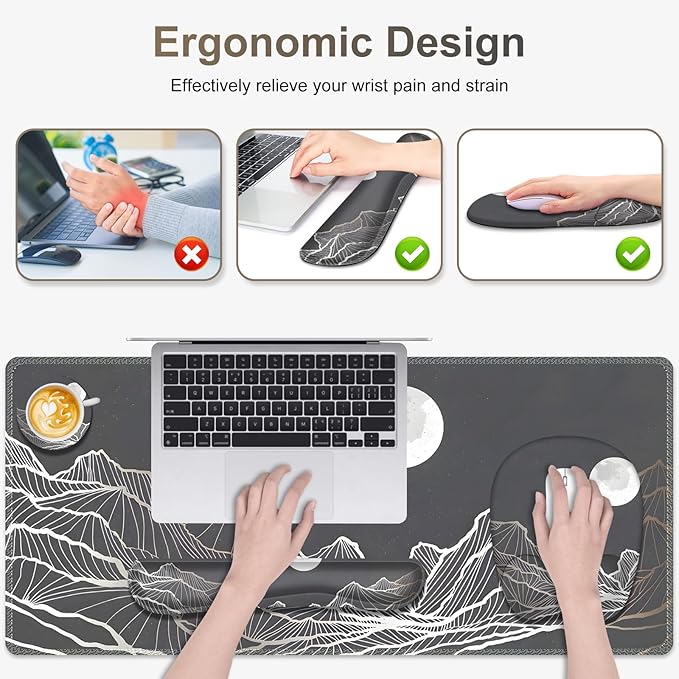 Large Mouse Pad, Keyboard Wrist Rest Set, Ergonomic Mouse Pad with Wrist Support, Desk Mat with Stitched Edges + Coaster, Extended Desk Pad Waterproof Desk Mat for Home Office Game I Moon and Valley