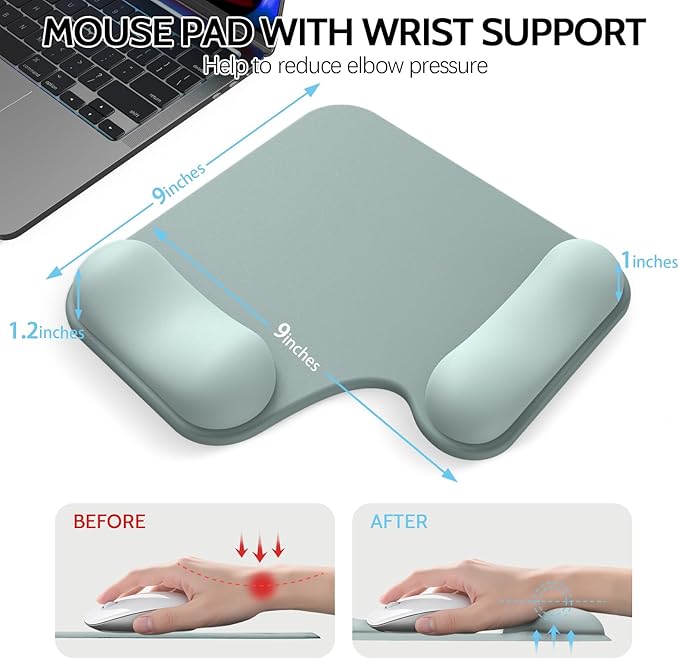 Ergonomic Mouse Pad with Gel Wrist Rest (1"& 1.2" Dual Height) - Cyan Mouse Pads Compact Mousepad Desk Mat Office, Gaming & Carpal Tunnel Relief | Non-Slip Rubber Base