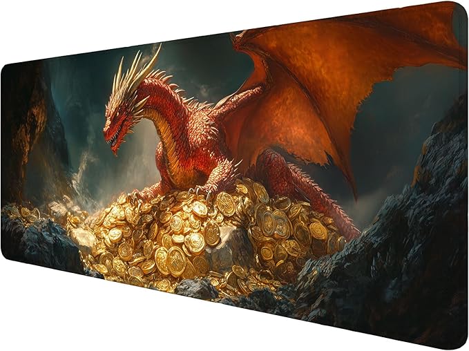 Red Dragon Gaming Mouse Pad Desk Pad Grand Majestic Treasure Hoard Gaming Mouse Mat with Stitched Edges,Non-Slip Waterproof Rubber Base Mouse Mat Office Computer Keyboard Laptop Home 31.5"x11.8"
