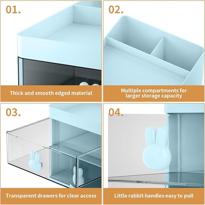 Marbrasse Small Desk Organizer with Drawer, Multi-Functional Pen Pencil Holder Storage Box, Desk Organizers and Accessories with 3 Compartments + 2 Drawer for Office Art Supplies(Blue)