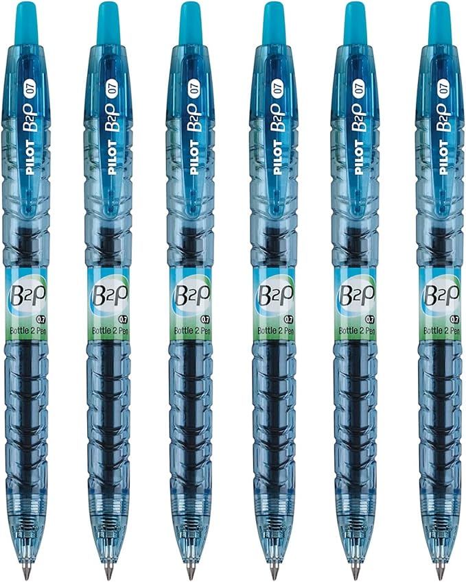 PILOT B2P - Bottle to Pen Refillable & Retractable Rolling Ball Gel Pen Made From Recycled Bottles, 0.7mm Fine Point, Turquoise Ink, 6-Pack