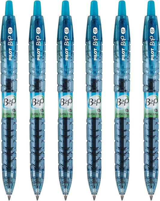 PILOT B2P - Bottle to Pen Refillable & Retractable Rolling Ball Gel Pen Made From Recycled Bottles, 0.7mm Fine Point, Turquoise Ink, 6-Pack