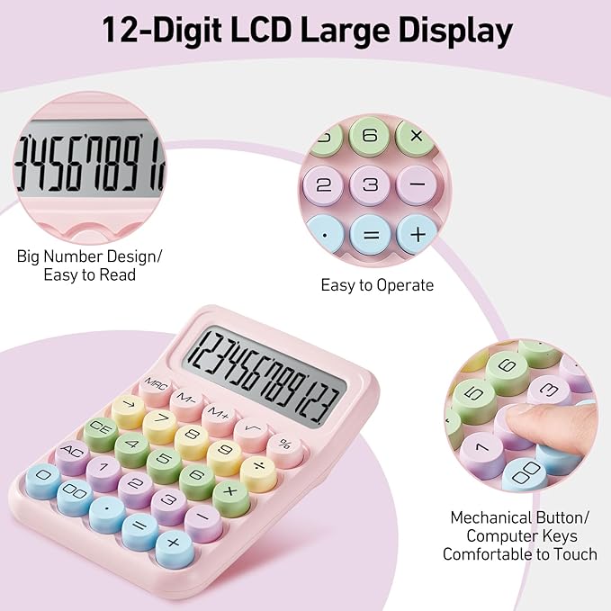 Electronic Calculator,12 Digits Large LCD Display Small Desktop Calculators,Pink Basic with Big Buttons,Easy to Press Mechanical Switch Calculator,4 Function Office Supplies for Home and School (Pink)