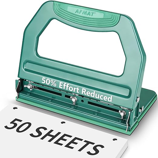 AFMAT HP18 Heavy Duty 3 Hole Punch, 50-Sheet Hole Puncher 3 Ring, 50% Reduced Effort, Adjustable Two & Three Hole Punch, Metal Paper Puncher w/Large Chip Tray, Metal Paper Guide, Green