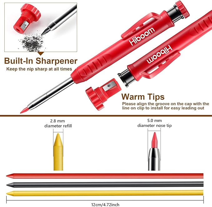 Hiboom 2 Pack Solid Carpenter Pencils with Pencil Cap and 18 Refills, Long Nose Deep Hole Mechanical Pencil Marker, Scribe Tool with Built-in Sharpener for Construction Woodworking Architect (Red)
