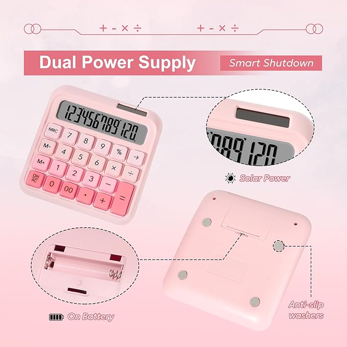 Desk Calculator,12 Digits, Large LCD Display,Big Buttons,Solar and Battery Dual Power Desktop Calculators,Cute and Aesthetic,Suitable for Office & Study