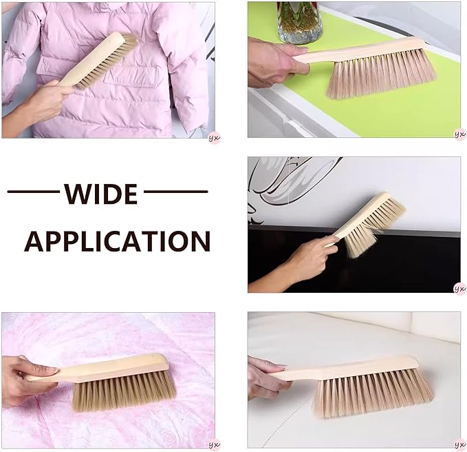 2 Pieces Woooden Dust Brush Hand Broom Bench Brush with Long Wood Handle Whisk Broom Soft Bristle Brush for Counter Bed Sofa Car Fireplace Clothes Household Cleaning (Brown)