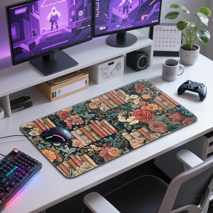 Vintage Library Floral Large Gaming Mouse Pad 31.5"x15.7"｜Books and Roses XXL Desk Mat, Non-Slip Rubber Base & Stitched Edges - Extended Waterproof Mousepad for PC/Laptop/Office/Home Decor