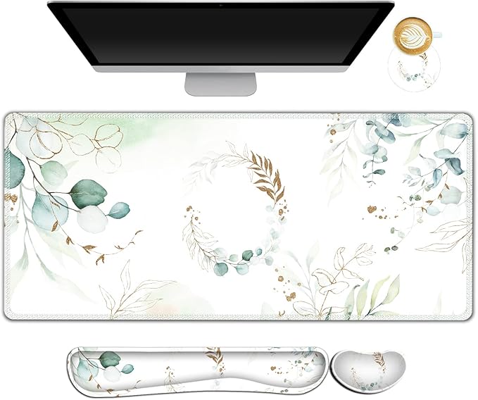 ARTSO Gaming Mouse Pad Wrist Support Set, XXL Large Desk Mat Mousepad + Keyboard Wrist Support+ Mouse Wrist Rest+Coaster 4in1 Ergonomic, Memory Foam, Stitched Edge for Home Office -Pretty Leaves